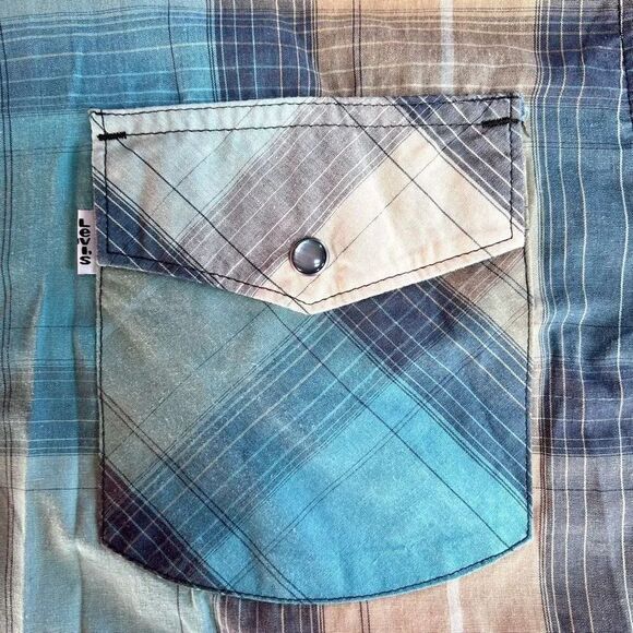 Levi's Men's Blue Plaid Snap Closure Long‎ Sleeve Button Down Shirt Size Large - Picture 4 of 7